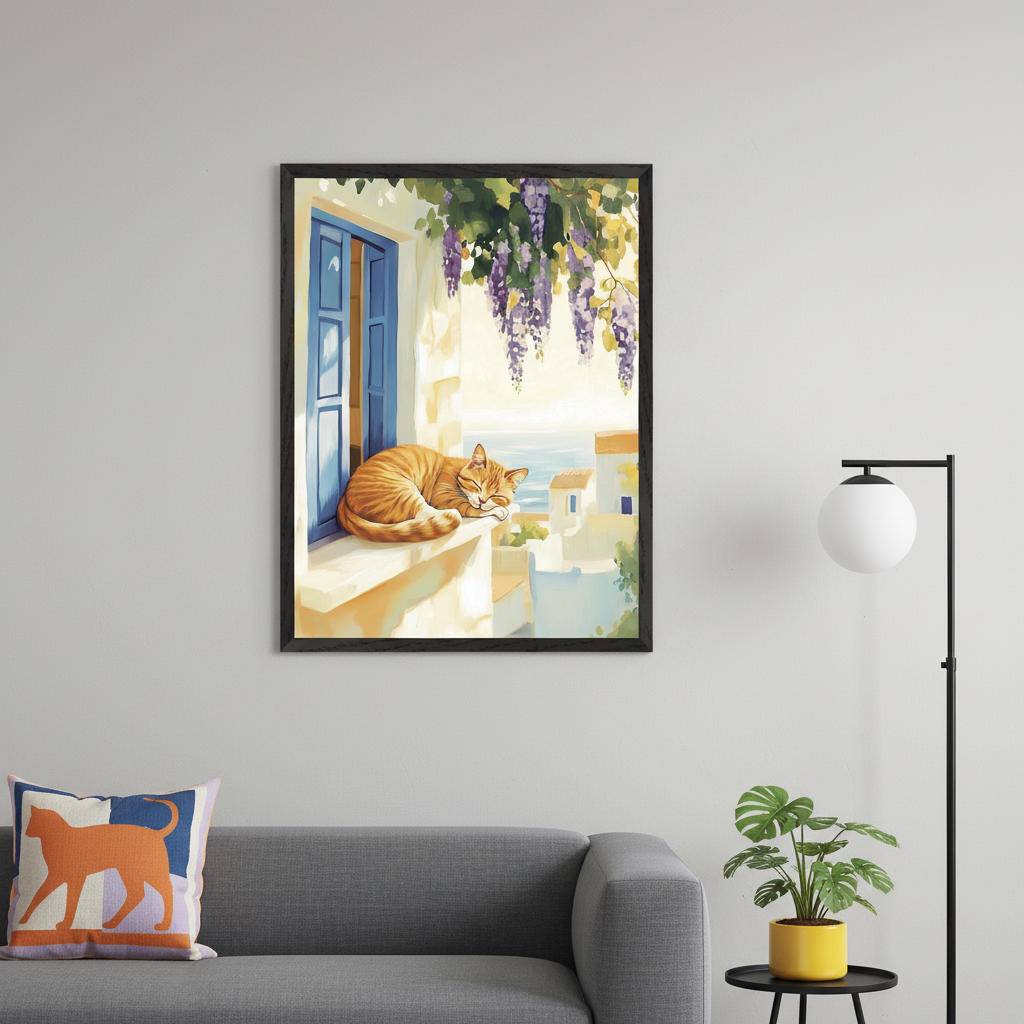 Modern living room with a gray sofa and cat-themed pillow. A framed painting of an orange cat sleeping on a sunny window ledge with blue shutters, wisteria, and a sea view hangs above the sofa. A floor lamp with a white globe and a potted plant on a side table are on the right.