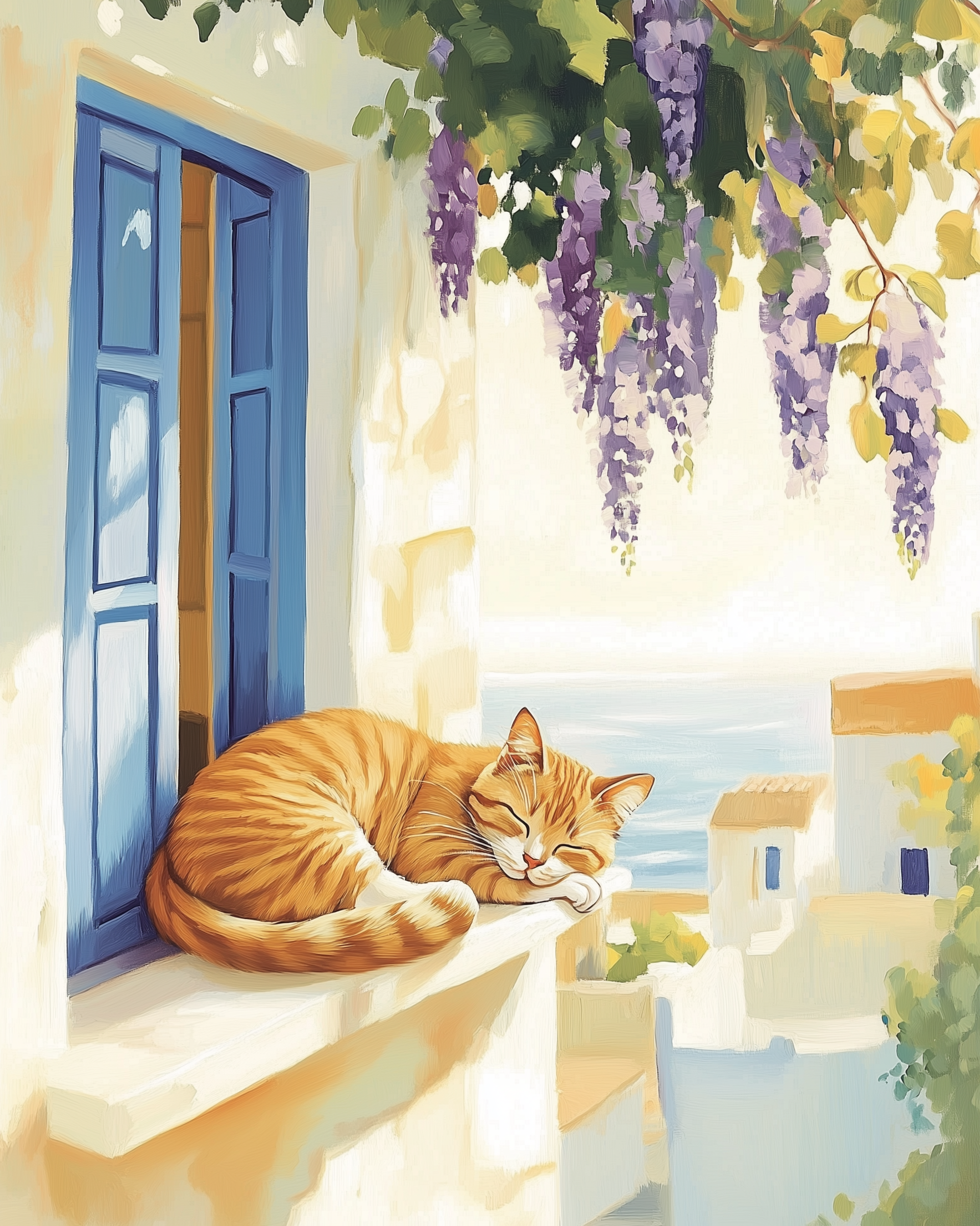 A ginger cat peacefully sleeps on a sunlit windowsill beneath vibrant purple wisteria flowers. The window, framed in bright blue shutters, overlooks a serene coastal village with whitewashed buildings and a view of the sea in the background.