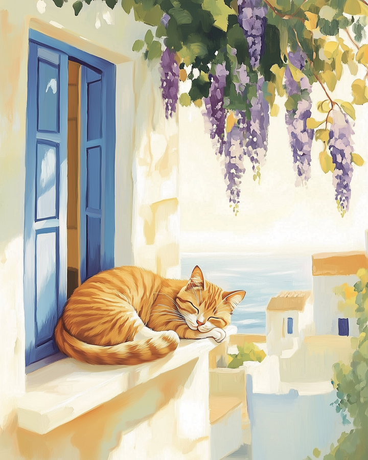 A ginger cat peacefully sleeps on a sunlit windowsill beneath vibrant purple wisteria flowers. The window, framed in bright blue shutters, overlooks a serene coastal village with whitewashed buildings and a view of the sea in the background.