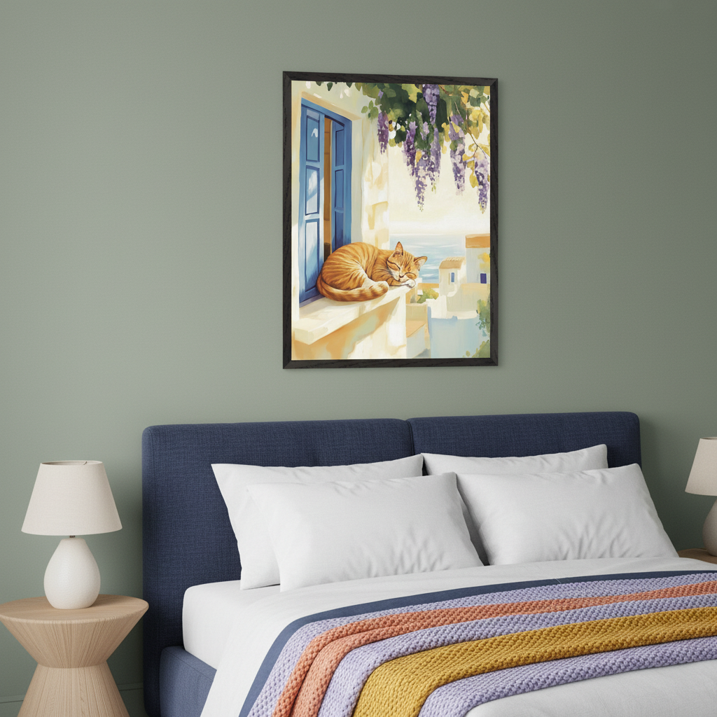 Modern bedroom with a blue upholstered bed. A framed watercolor-style painting of an orange cat sleeping on a sunny windowsill, overlooking white seaside buildings and purple wisteria, hangs centered above the bed.