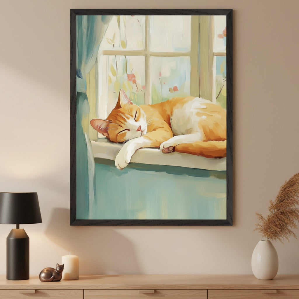 Modern living room with a light wood dresser. A large black-framed painting of an orange and white cat sleeping on a blue windowsill in a painterly style hangs centered above the dresser. A black lamp, white candle, and small cat figurine are on the dresser, with a vase of pampas grass on the right.