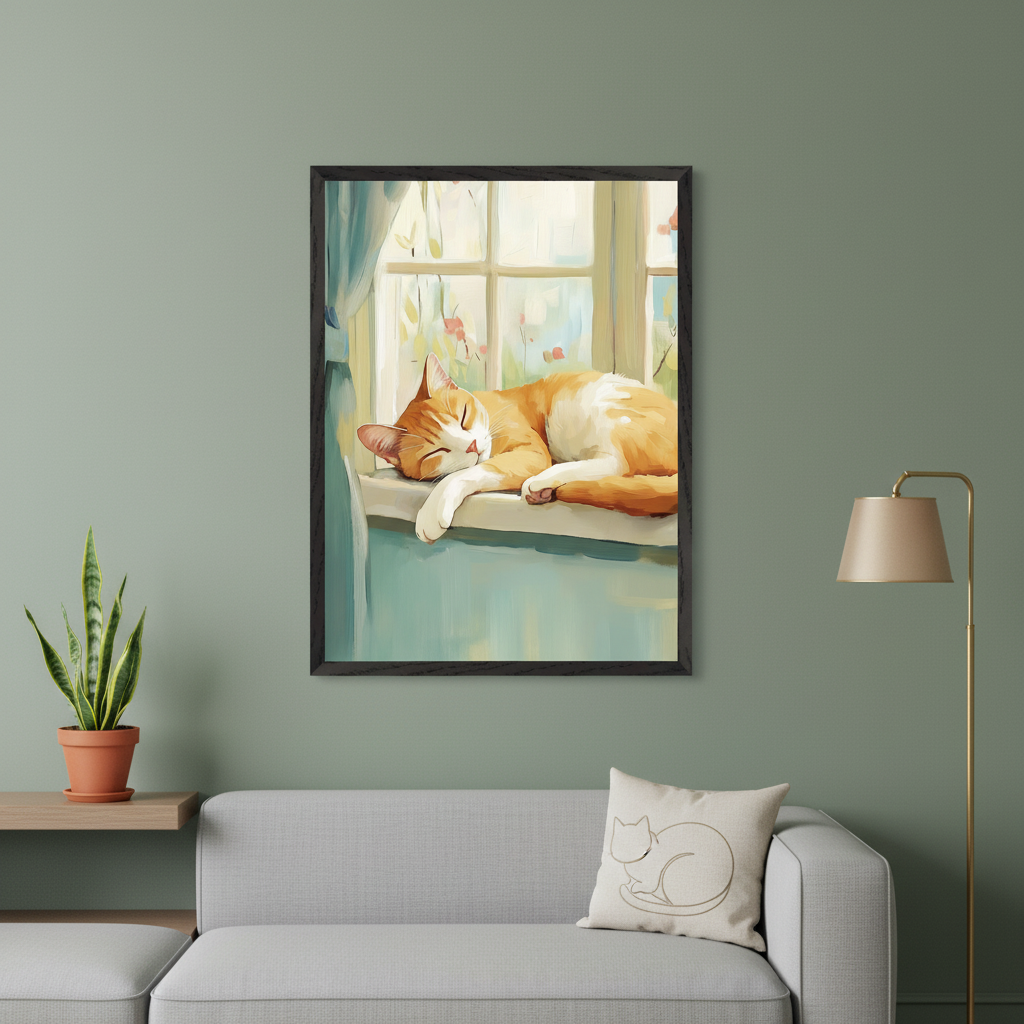 Modern living room with a grey sectional sofa and a small wooden shelf. A large framed painting of an orange and white cat sleeping on a sunlit window sill hangs above the sofa. A floor lamp is on the right.