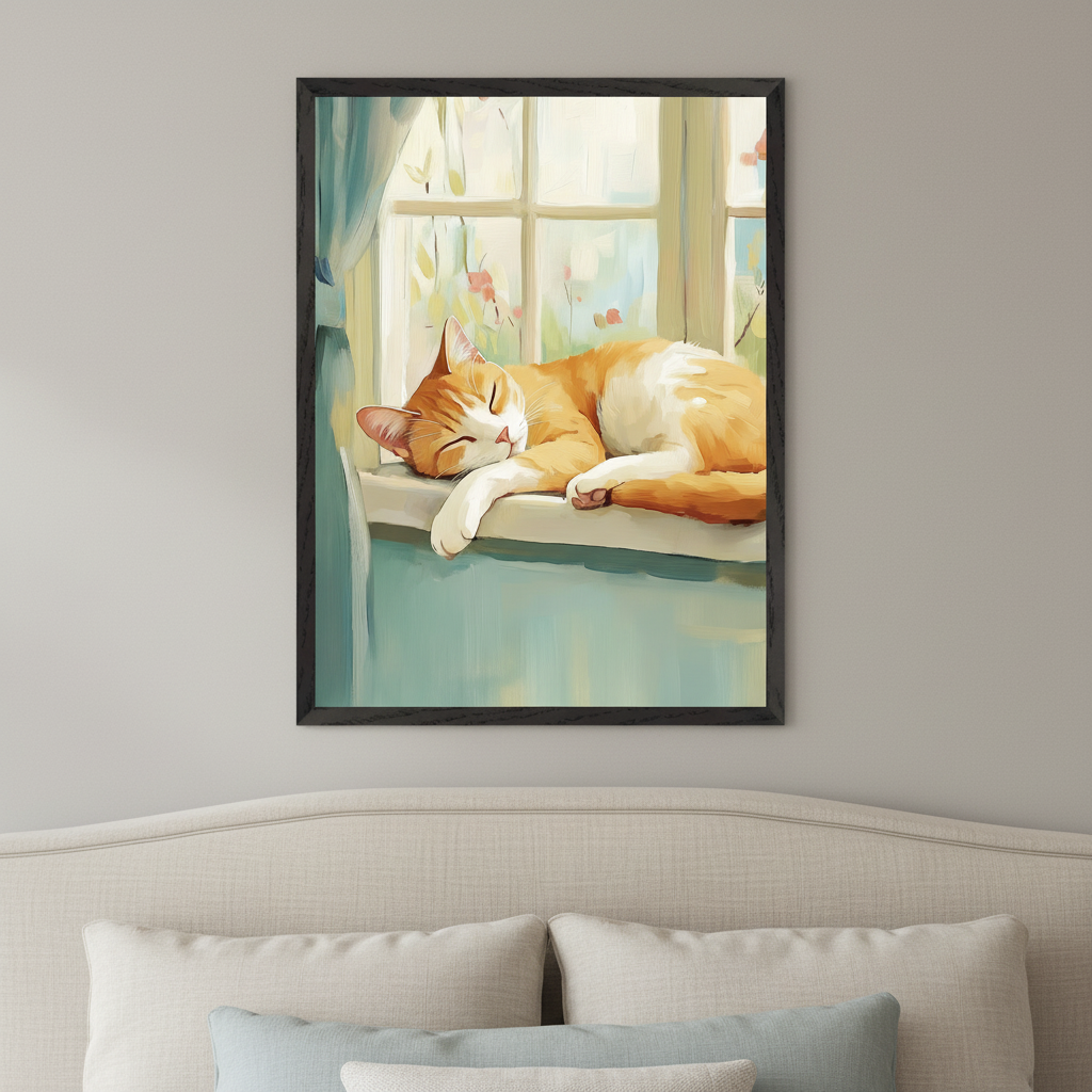 Modern bedroom with a light upholstered bed. A framed painting of an orange and white cat sleeping on a sunlit windowsill hangs centered above the bed, depicted in a soft, painterly style.