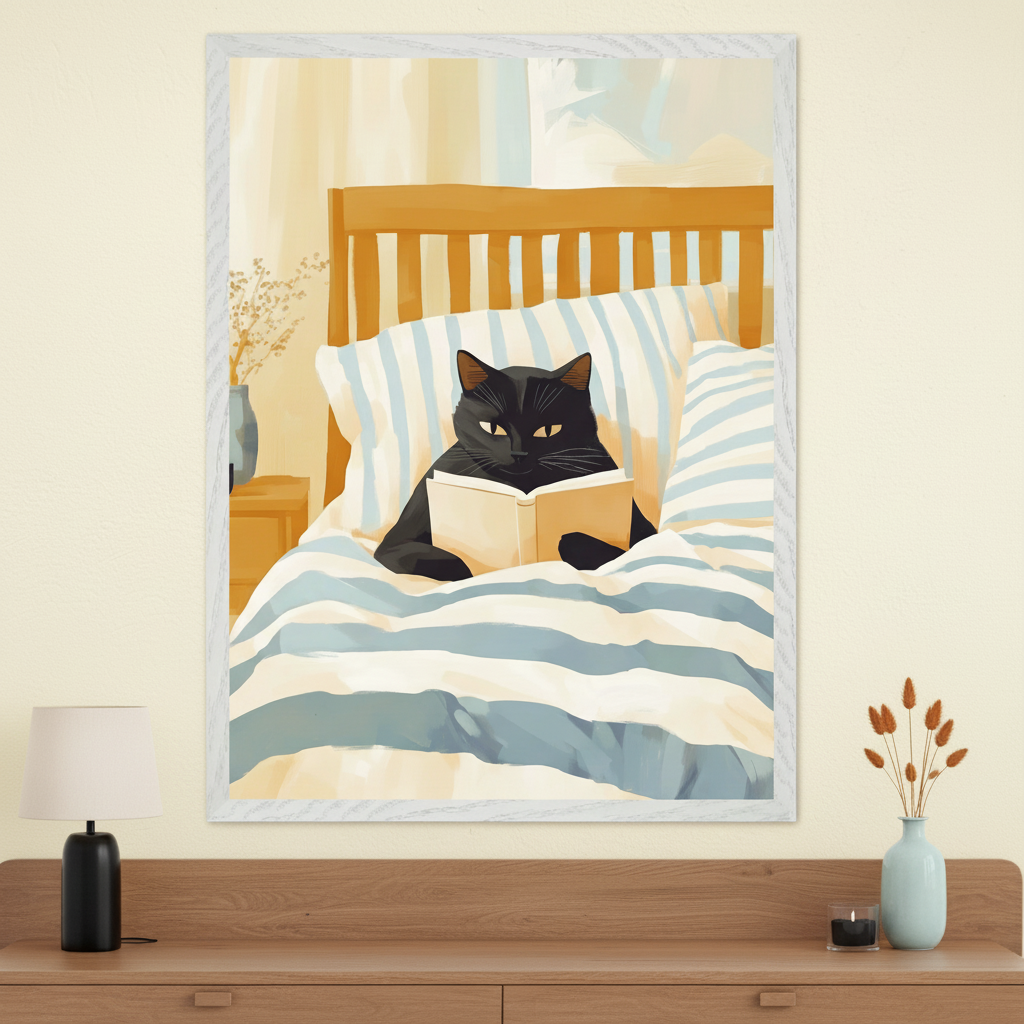 Modern bedroom setting with a wooden dresser below. A framed painting of a black cat reading a book in bed under blue and white striped covers hangs centered above the dresser.