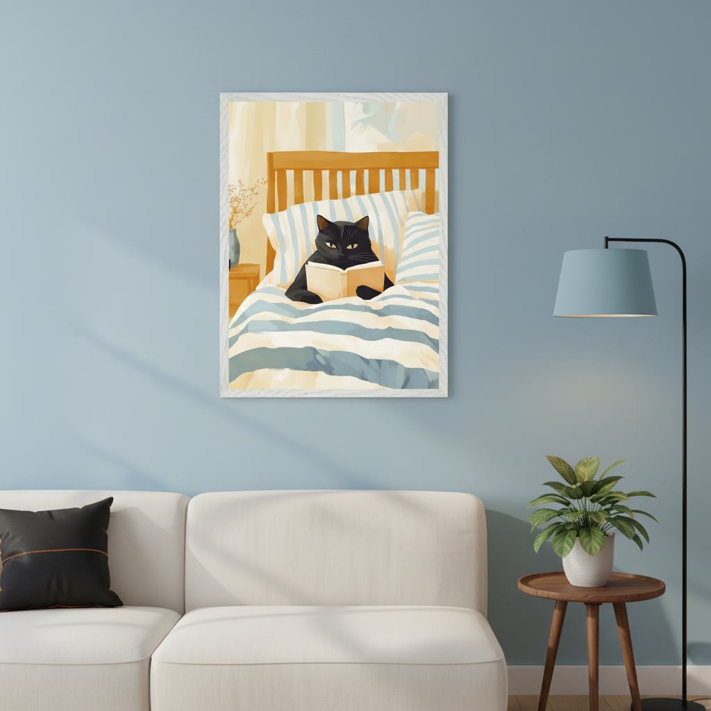 Modern living room with a white sectional sofa and floor lamp. A framed illustration of a black cat in a blue and white striped bed reading a book hangs centered on the blue wall above the sofa.