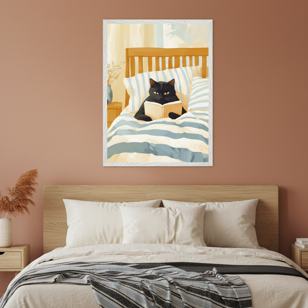 Modern bedroom with a wooden bed, cream bedding, and a striped throw. Centered above the bed, a framed illustration depicts a black cat reading a book in a striped bed.