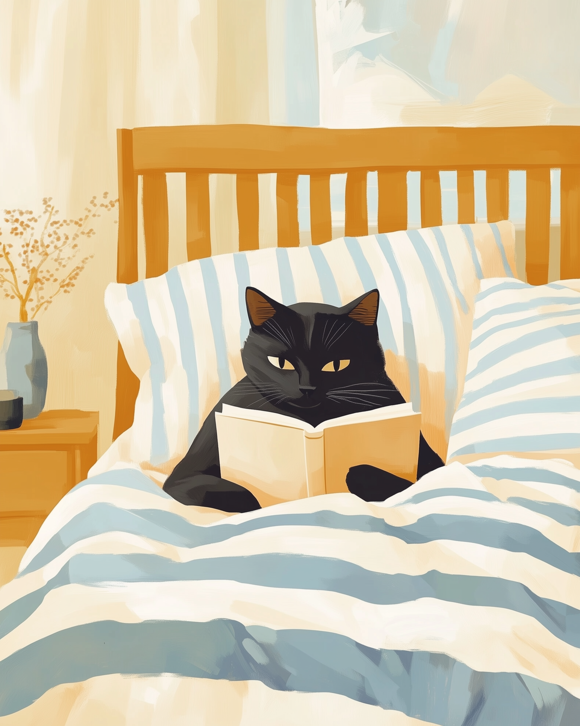 Illustration of a black cat sitting upright in a cozy bed with blue and white striped bedding, holding an open book with its paws in a softly lit bedroom.