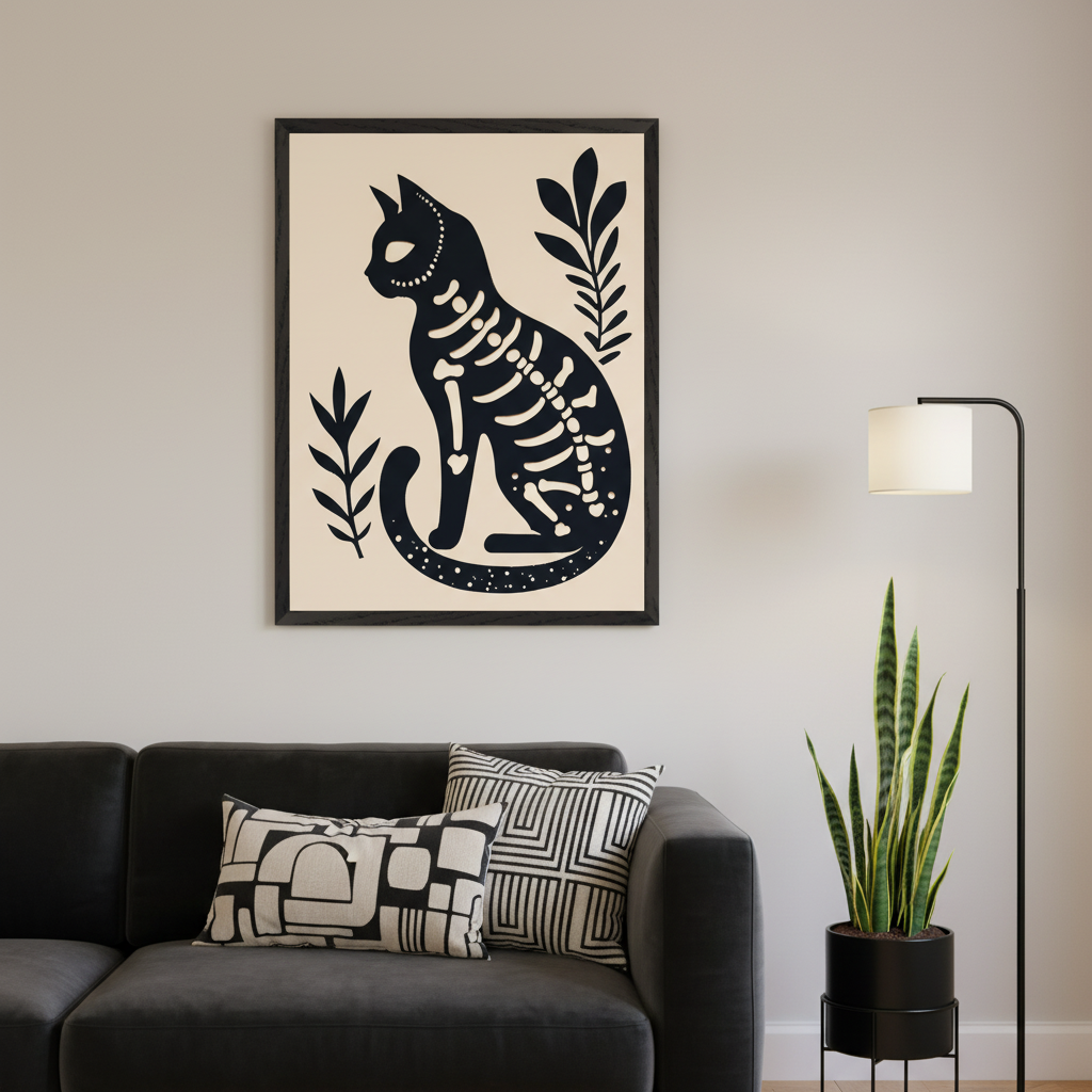 Modern living room with a dark gray sectional sofa. A framed black and beige print of a stylized skeleton cat surrounded by leaves hangs centered above the sofa. A floor lamp and snake plant are to the right.