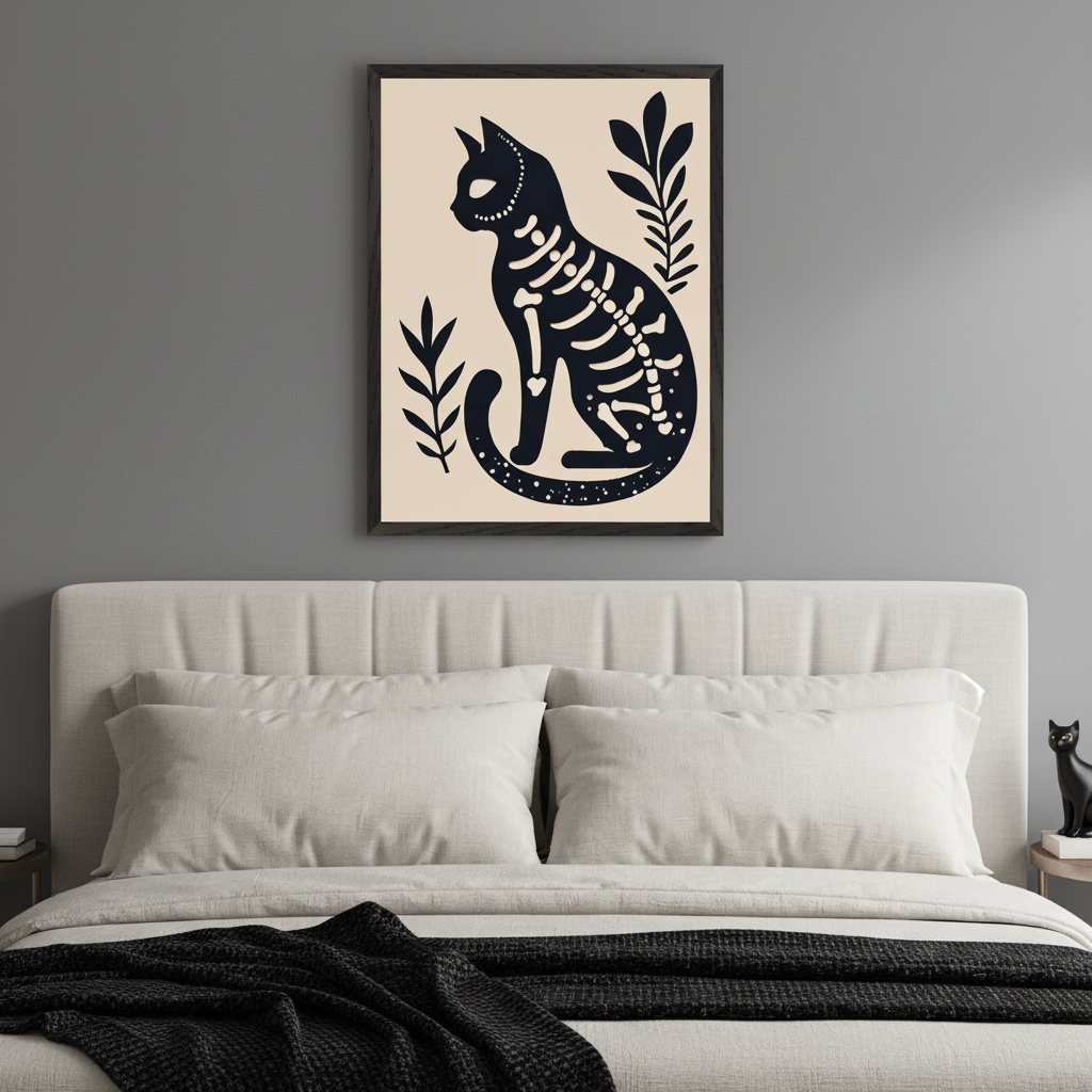 Modern bedroom with a light upholstered bed. A dark-framed print of a black skeleton cat and foliage in a folk art style hangs centered above the bed.