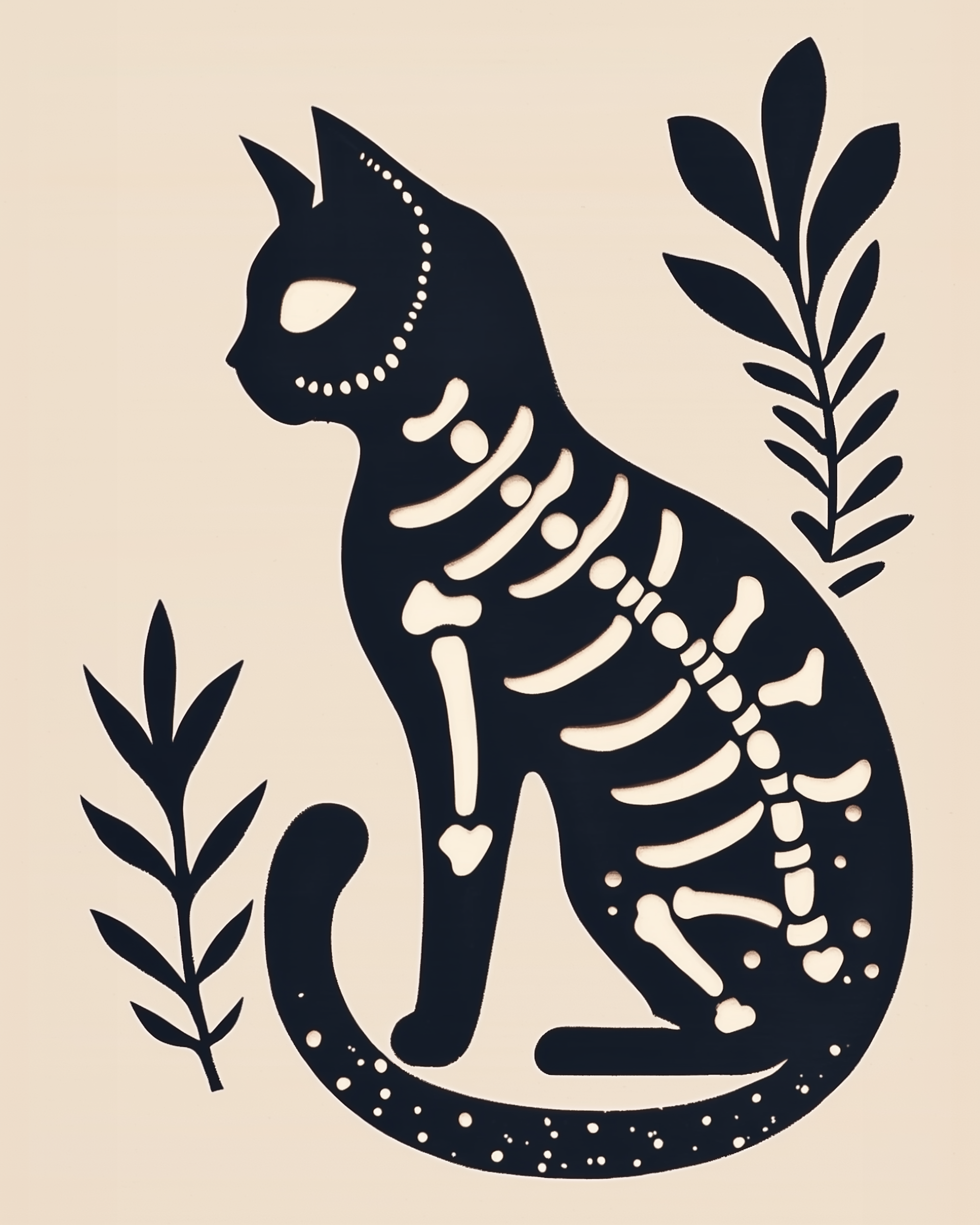 Graphic of a cat with stylized white bones and dotted accents, sitting upright between leafy branches. The image has a paper-cut art style and a soft beige background.