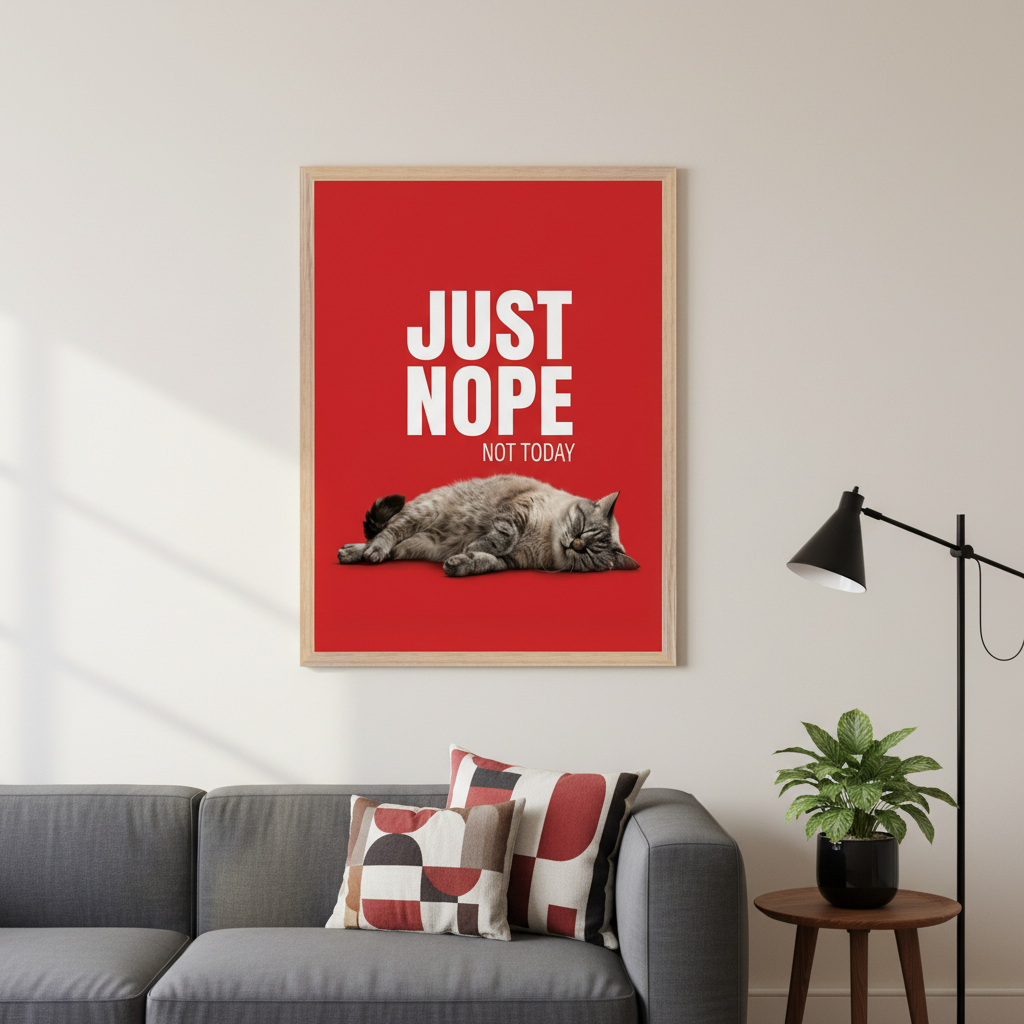 Modern living room with a gray sofa. Above the sofa, a framed red wall art displays white text 'JUST NOPE NOT TODAY' with a sleeping gray cat. A wooden side table and lamp are to the right.