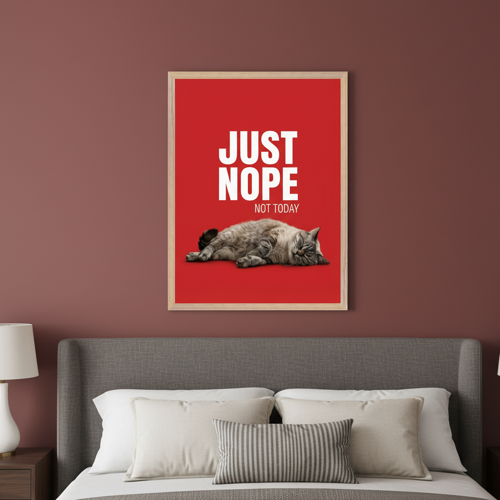 Modern bedroom with a gray upholstered bed and headboard. A light wood framed poster with a red background, white text "JUST NOPE NOT TODAY", and a sleeping tabby cat hangs centered above the bed.