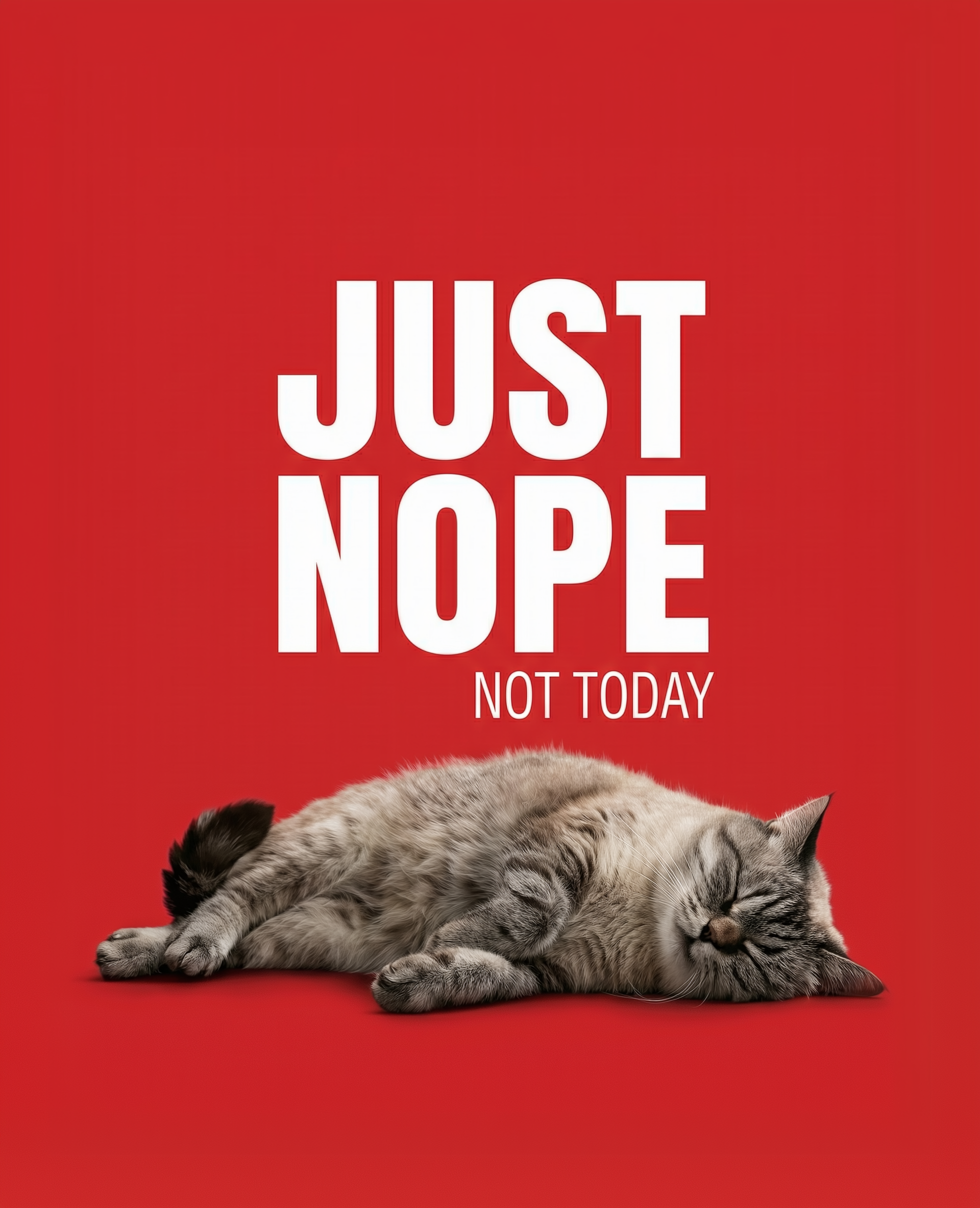  A gray tabby cat lies stretched out with eyes shut beneath white text on a red background that says “JUST NOPE. Not today.