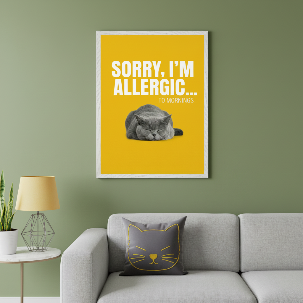 Modern living room with a sage green wall, light gray sofa, and marble side table. A framed yellow poster with a sleeping gray cat and "SORRY, I'M ALLERGIC... TO MORNINGS" in white text hangs above the sofa. A gray cat-face pillow is on the sofa.
