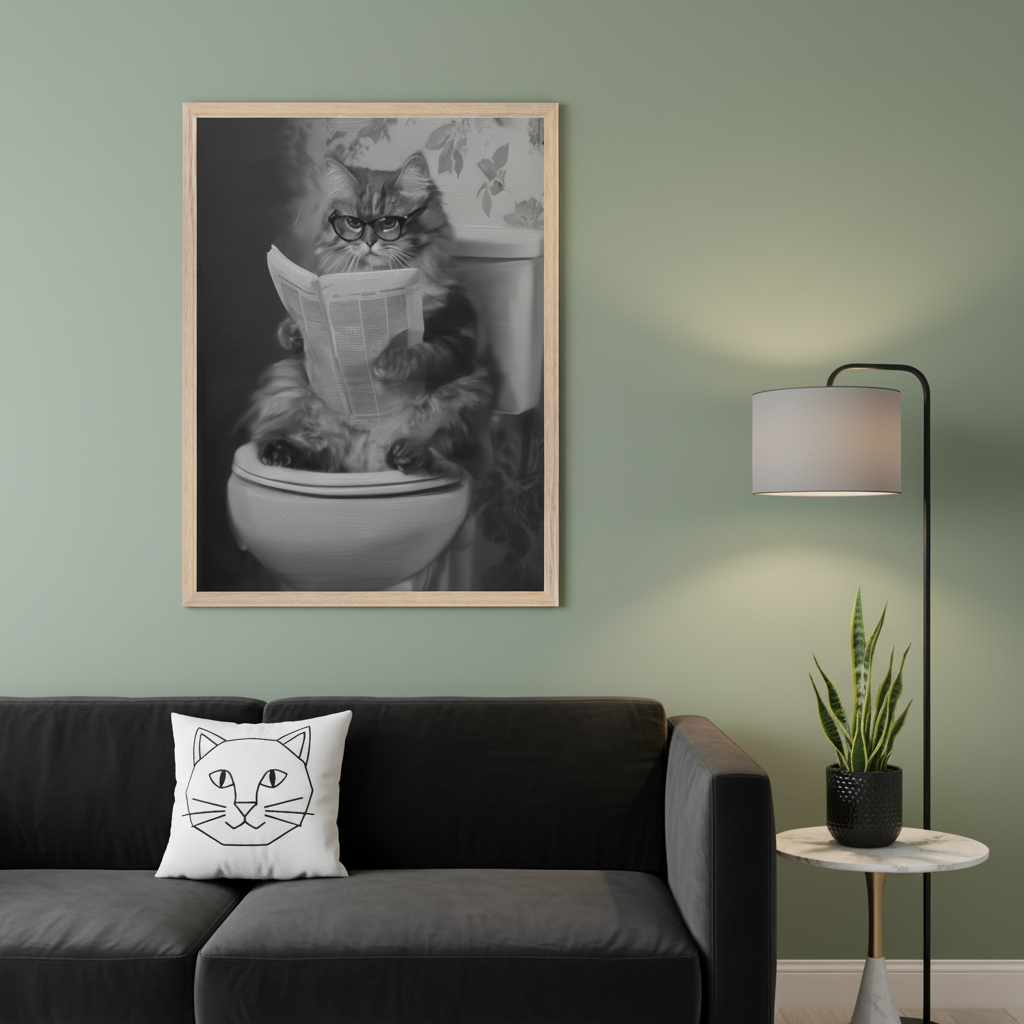 Modern living room with a dark gray sofa. Above the sofa, a large framed black and white print features a cat wearing glasses, sitting on a toilet, and reading a newspaper. A floor lamp stands to the right.