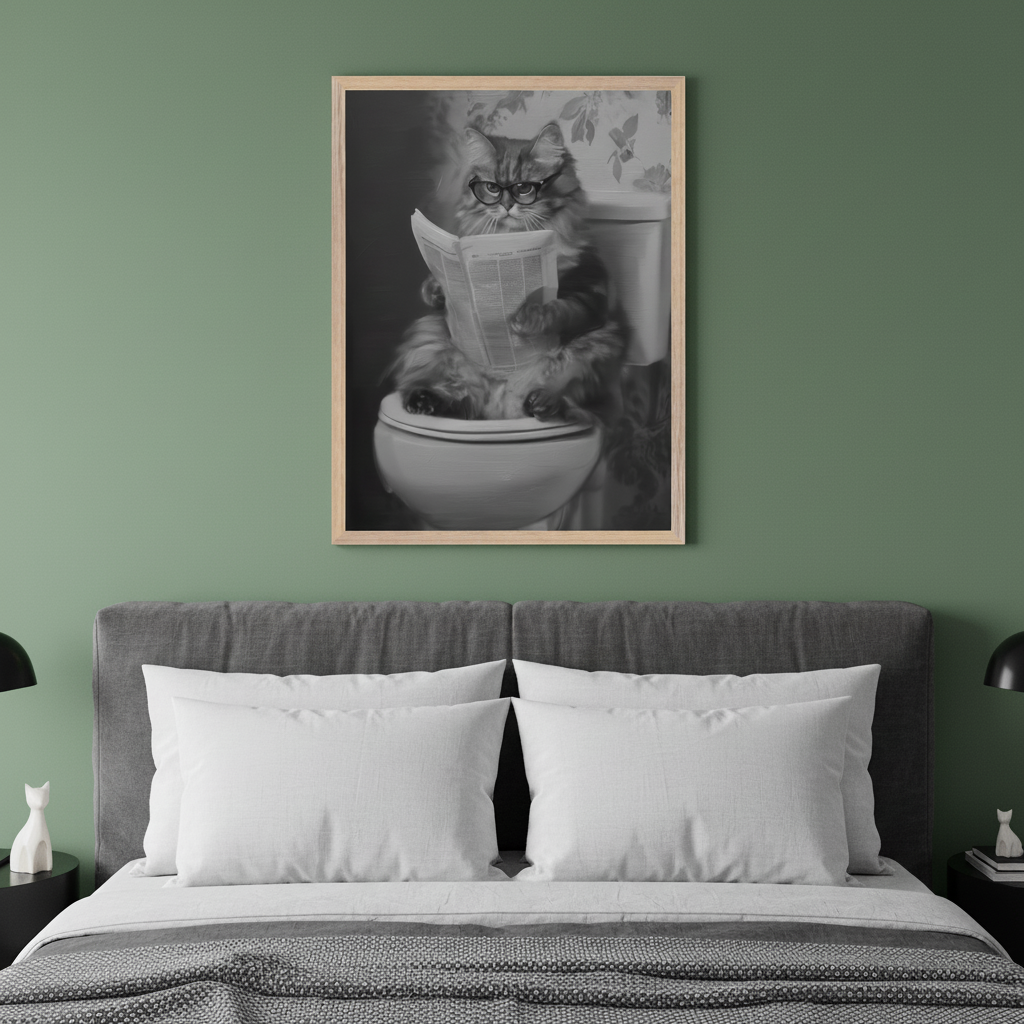 Modern bedroom with a gray upholstered bed. A light wood-framed black and white print of a cat wearing glasses, sitting on a toilet and reading a newspaper, hangs above the bed to the right.