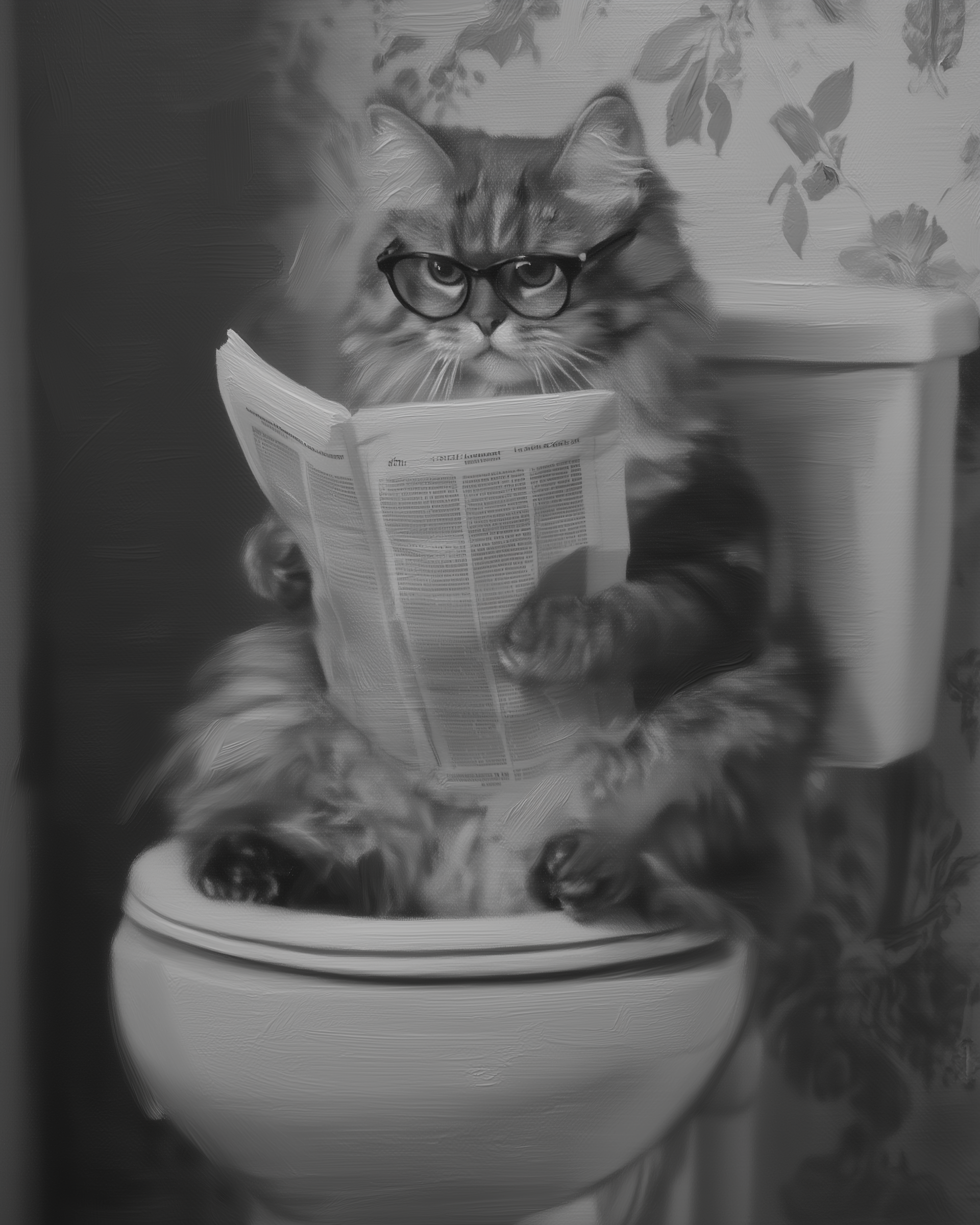 Black-and-white illustration of a fluffy cat wearing glasses and sitting on a toilet while reading a newspaper, with a vintage floral wallpaper background for comedic effect.
