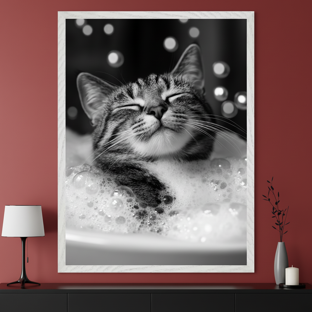 Modern room with a dark credenza against a red wall. A large white-framed black and white photo of a cat in a bubble bath with its eyes closed hangs centered above the credenza.