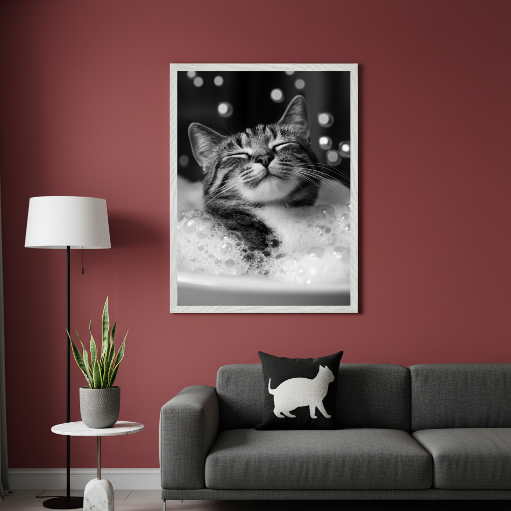 Living room with reddish-brown walls and a dark gray sofa. A large white-framed black and white photo of a tabby cat in a bubble bath hangs centered above the sofa. A white floor lamp and a marble side table with a snake plant are on the left. A black pillow with a white cat silhouette is on the sofa.