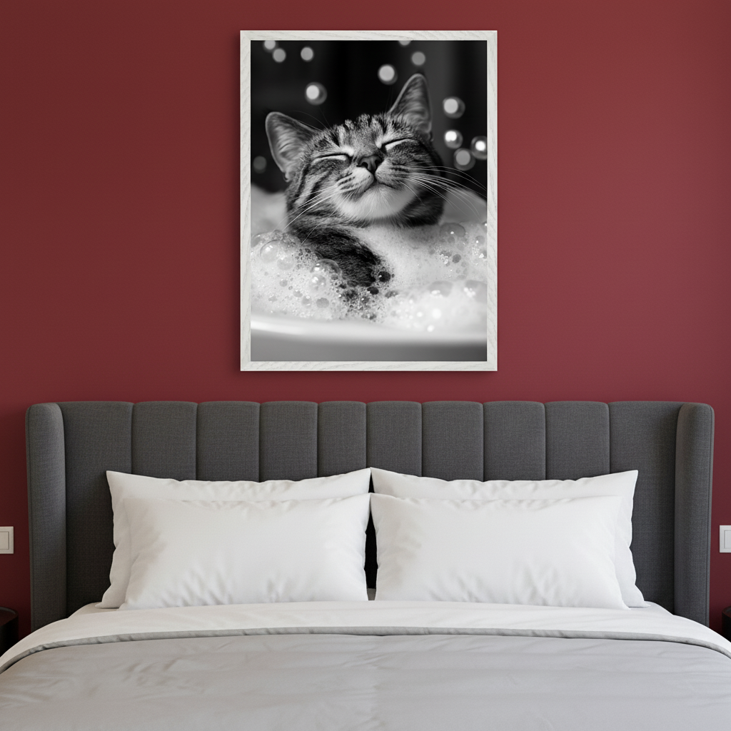 Modern bedroom with a gray upholstered bed against a red wall. A large framed black and white photo of a contented tabby cat in a bubble bath hangs centered above the bed.