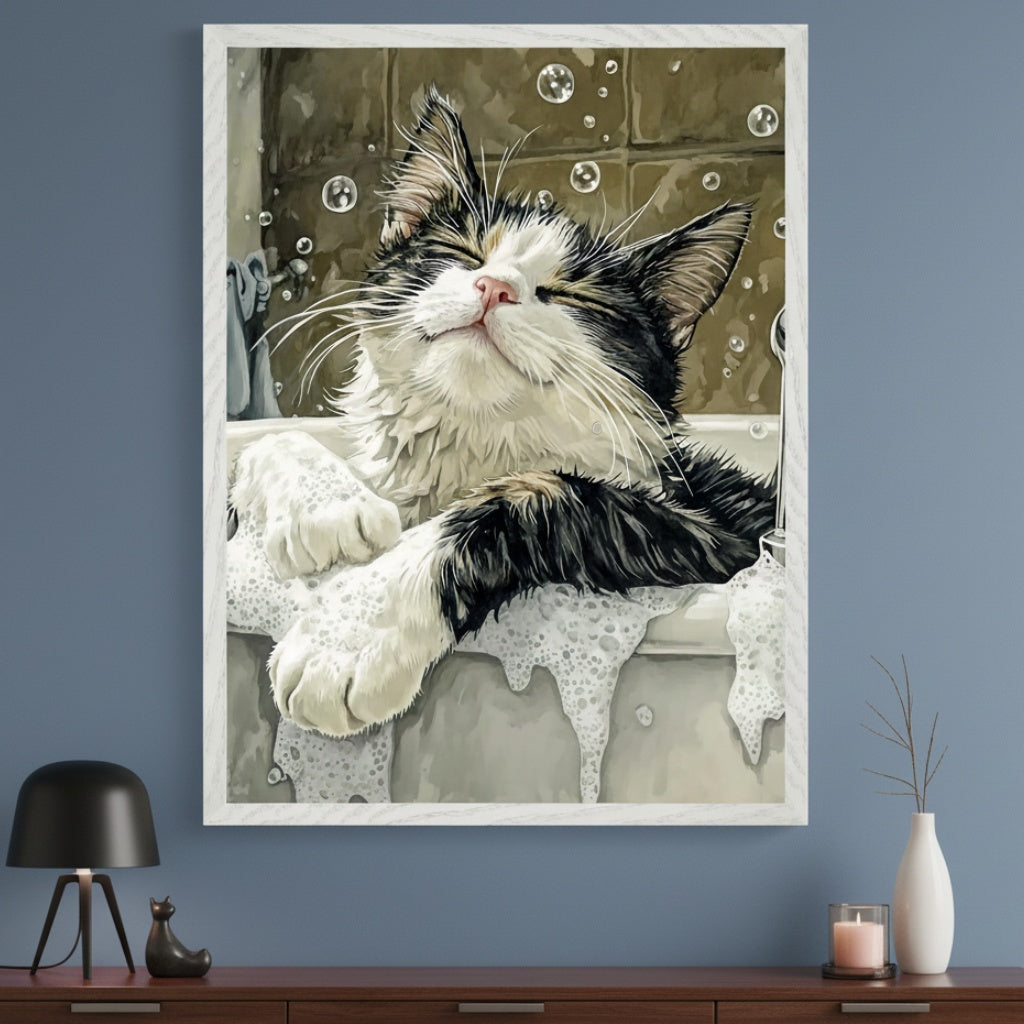 Modern room with a dark wooden console table. A large framed painterly artwork of a content calico cat in a bubble bath hangs centered above the table.
