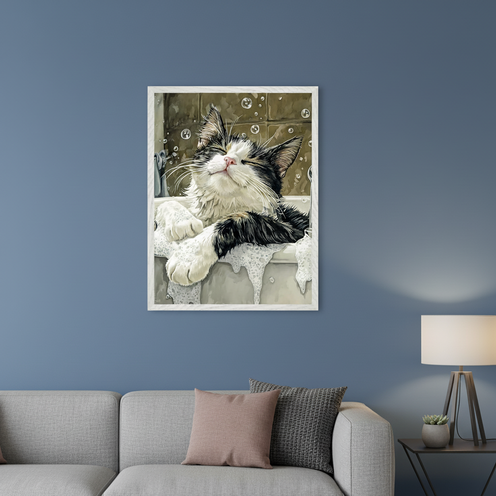 Modern living room with a grey sofa and throw pillows. A framed painting of a black and white cat with closed eyes soaking in a bubbly bathtub hangs on the blue wall above the sofa. An end table with a lamp and succulent is to the right.