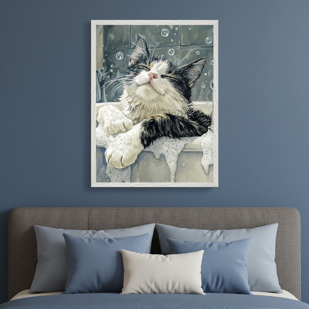 Modern bedroom with a gray upholstered bed and blue and white pillows. A framed painting of a black and white cat in a bubble bath, rendered in a painterly style, hangs centered on the blue wall above the bed.