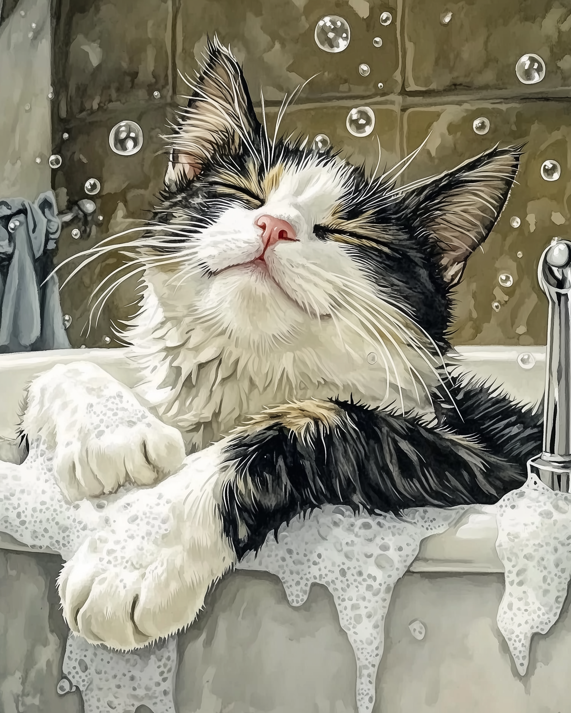A cartoon-style black and white cat lounges with a blissful expression in a foamy bathtub, arms draped over the edge. The bubbly scene and soft colors give a playful spa-day feel that suits content for all ages.
