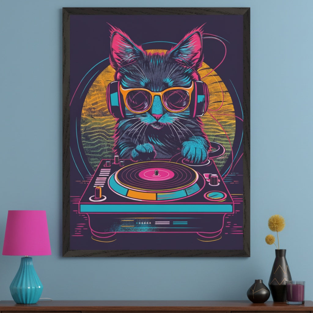 Modern living room with a dark wooden dresser. A large framed synthwave-style print of a DJ cat in sunglasses and headphones at a turntable hangs above the dresser. A pink lamp and vases are on the dresser.