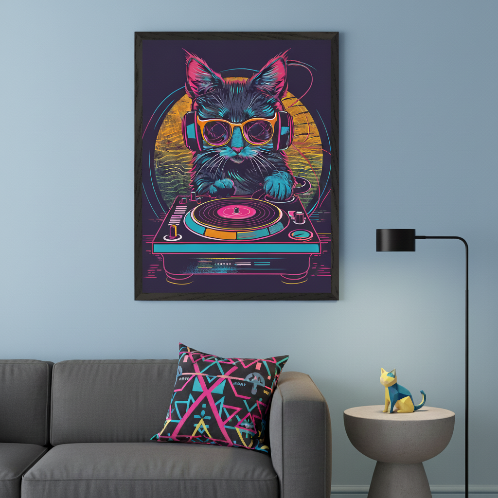 Modern living room with a gray sofa and a black neon geometric pattern pillow. A large framed print of a neon retro-style black cat DJ with headphones, sunglasses, and a turntable hangs above the sofa. A floor lamp and side table with a blue and yellow cat figurine are to the right.