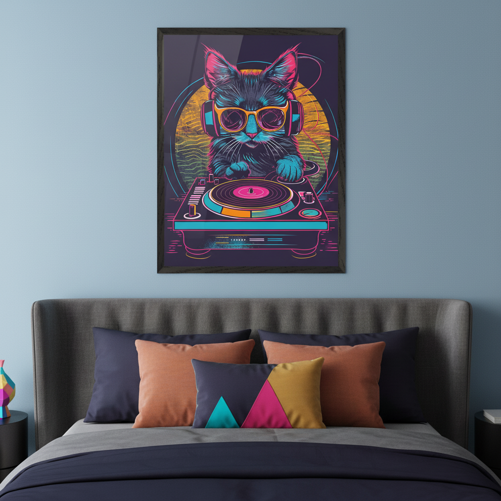 Modern bedroom with a gray upholstered bed and dark blue bedding. A large framed poster of a cat DJing with headphones and sunglasses in a vibrant neon, synthwave style hangs centered above the bed.