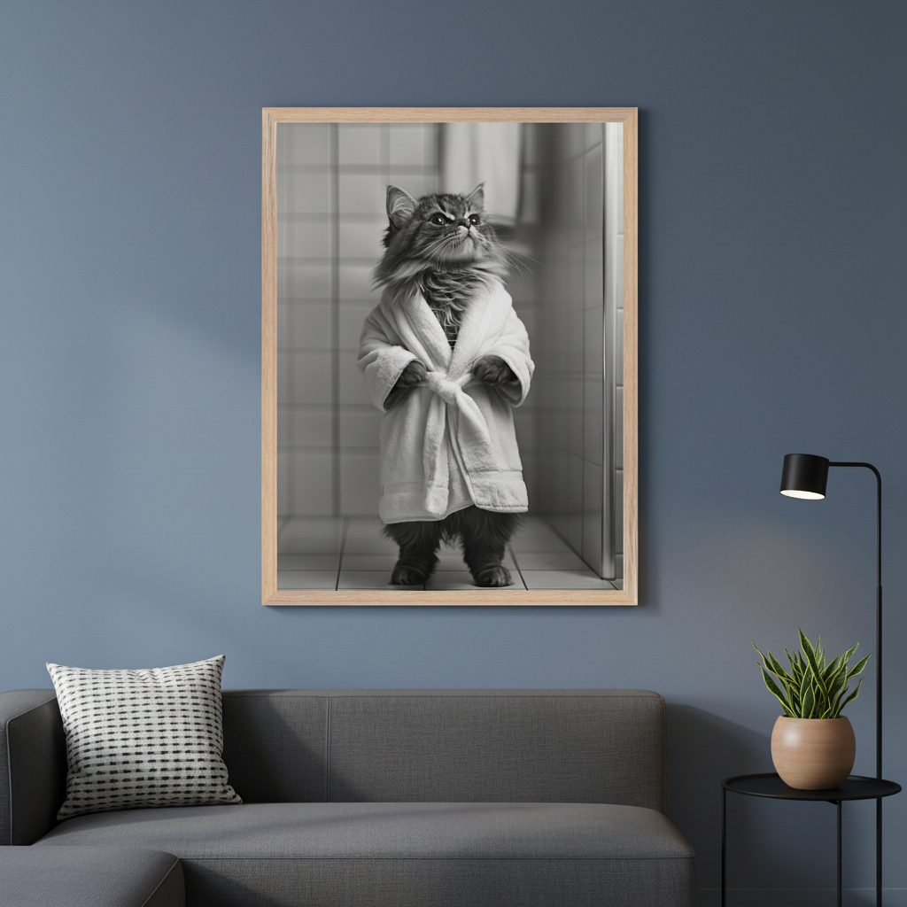 Modern living room with a gray sectional sofa and a black side table. Above the sofa hangs a large framed black and white photograph of a fluffy cat wearing a white bathrobe, standing upright.