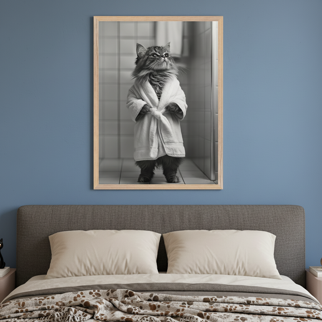 Modern bedroom with a gray upholstered bed. A framed black and white photo of a fluffy cat wearing a white bathrobe, standing upright in a tiled room, hangs centered above the bed.