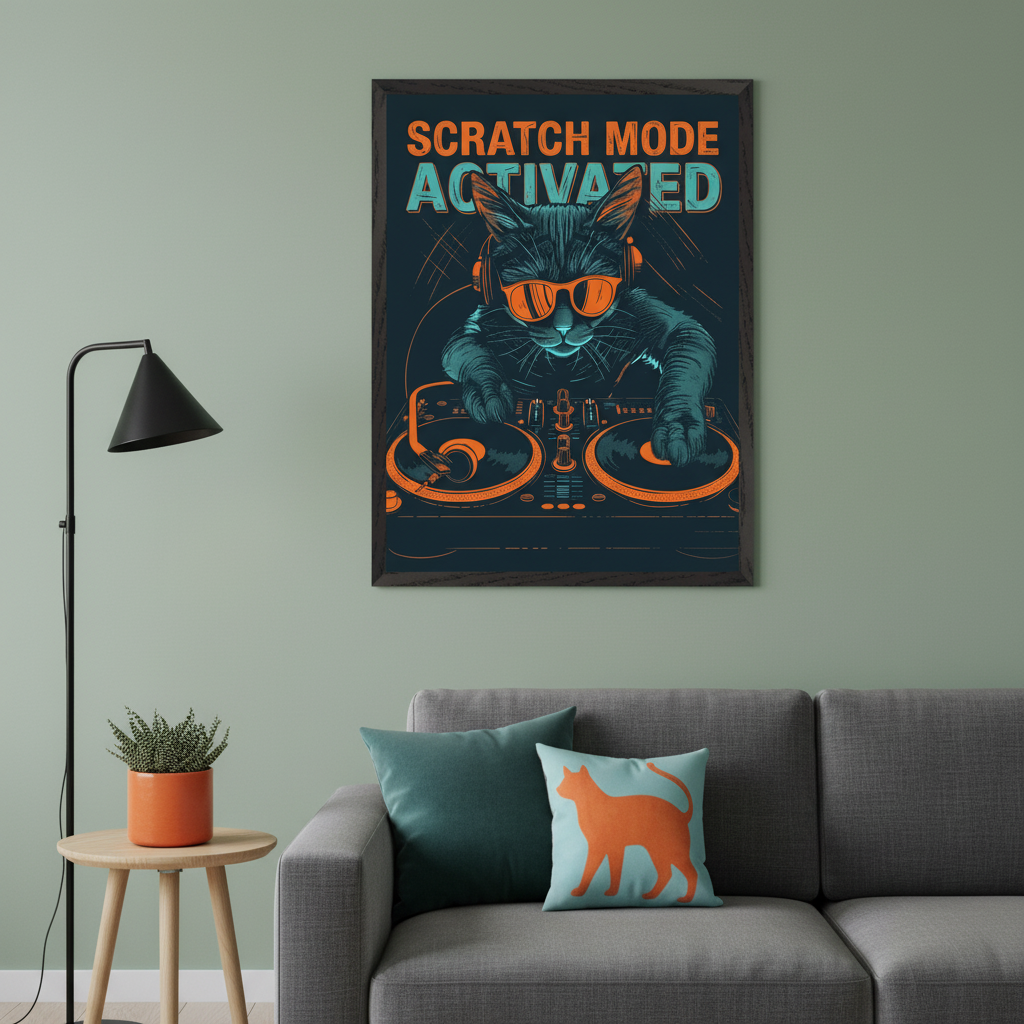 Modern living room with a gray sofa and a small wooden side table. A black floor lamp is on the left. A framed graphic poster on the light green wall depicts a black DJ cat with orange sunglasses and headphones scratching records, with "SCRATCH MODE ACTIVATED" text.