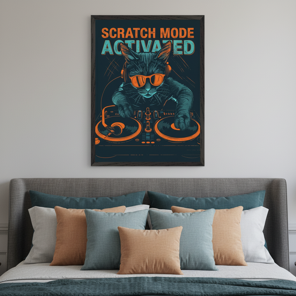 Modern bedroom with a gray upholstered bed and numerous pillows. A framed graphic art poster hangs above the bed, depicting a black cat with orange sunglasses and headphones operating DJ turntables. Text reads "SCRATCH MODE ACTIVATED" in orange and teal.