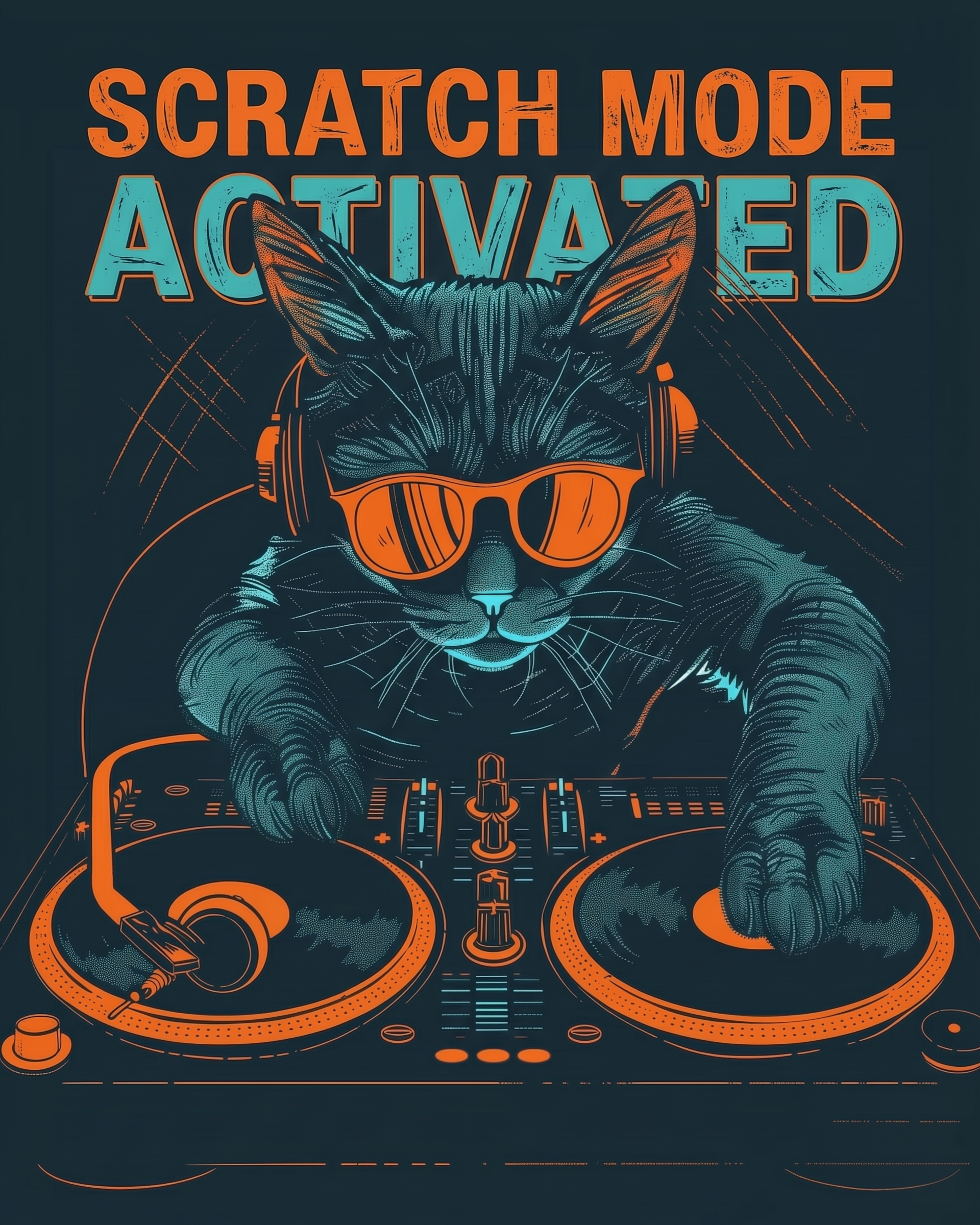A bold graphic of a serious cat wearing headphones and sunglasses while spinning turntables, with “SCRATCH MODE ACTIVATED” in large block letters. The neon orange and blue design gives this image a high-energy, DJ party vibe.
