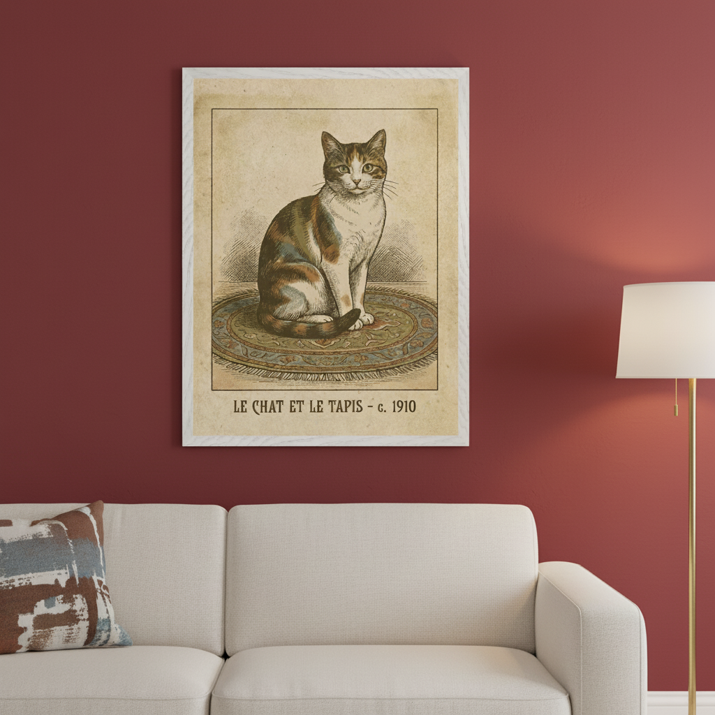 Living room with a white sofa and gold floor lamp against a red wall. Above the sofa hangs a framed vintage illustration of a calico cat sitting on a patterned rug. Text below the cat reads "LE CHAT ET LE TAPIS - c. 1910".