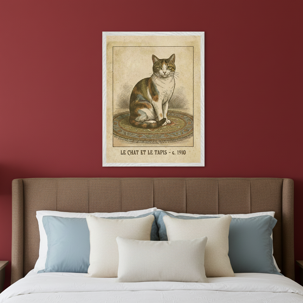Bedroom with a brown upholstered bed against a red wall. Above the bed, a framed vintage illustration shows a calico cat sitting on a patterned rug, with text "LE CHAT ET LE TAPIS - c. 1910" below.