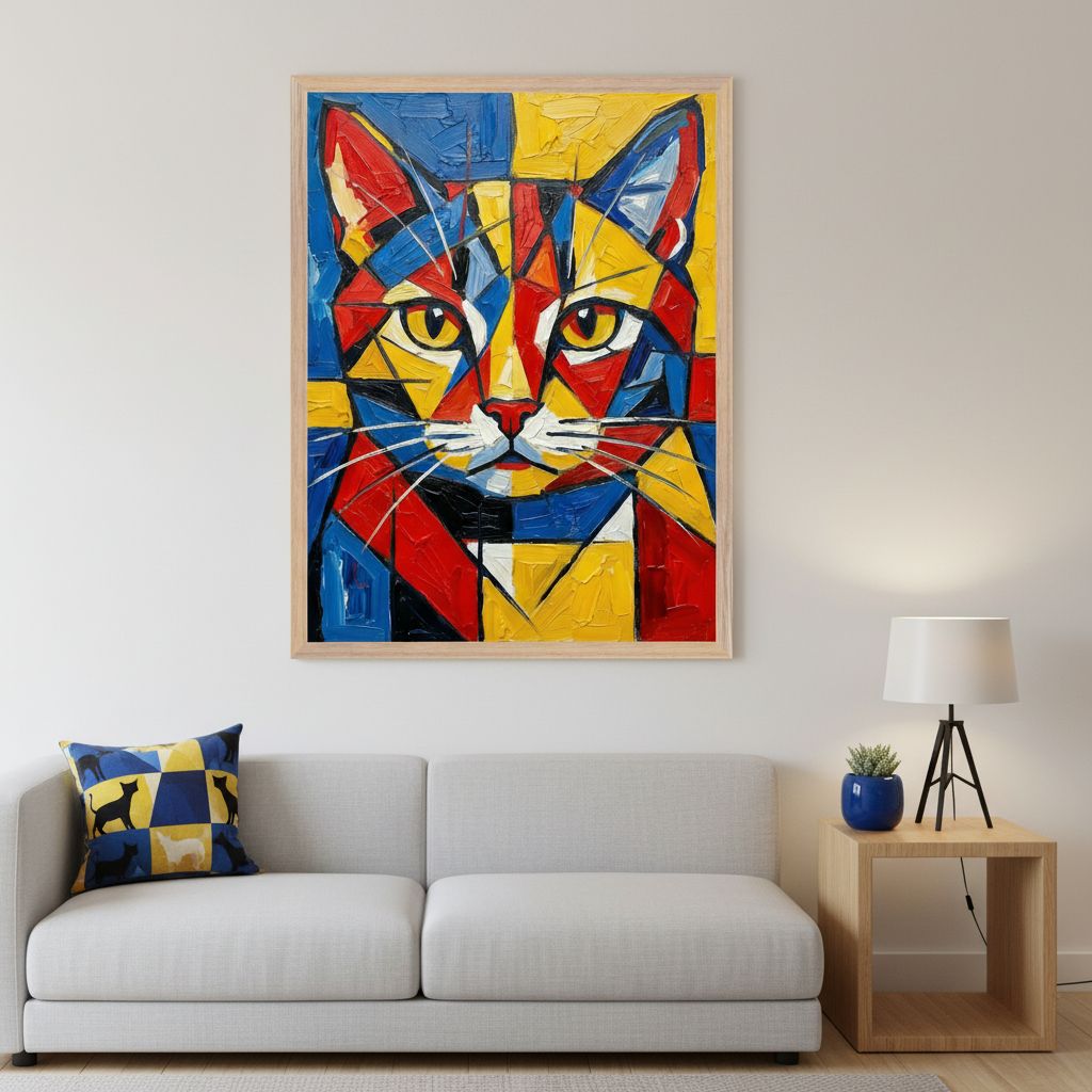 Modern living room with a light gray sofa. A large framed geometric cat painting in bold red, blue, and yellow blocks hangs centered above the sofa. A cat-patterned pillow is on the sofa, and a wooden side table with a lamp is to the right.