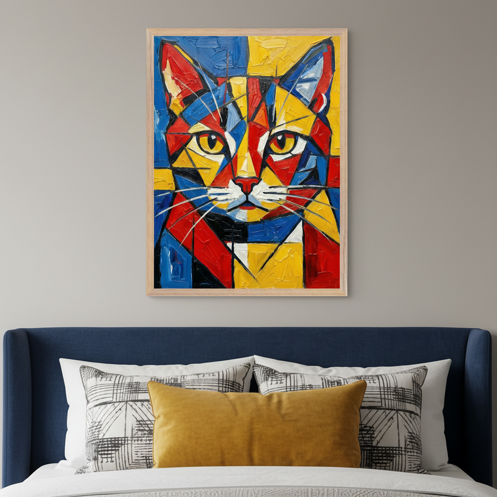 Bedroom with a blue upholstered bed and decorative pillows. A framed vibrant cubist painting of a cat's face, using red, blue, and yellow geometric shapes, hangs on the gray wall above the bed.