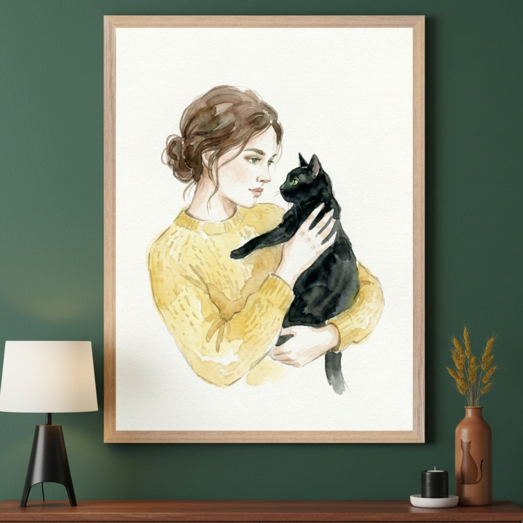 Modern living room with a dark green wall and a wooden console table. A large framed watercolor art of a woman in a yellow sweater holding a black cat hangs above the table. A lamp sits left, and a vase with dried wheat and a candle are right.