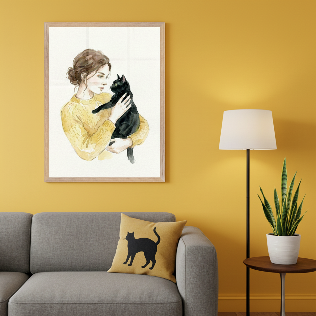 Modern living room with a grey sofa against a mustard yellow wall. A large framed watercolor of a woman in a yellow sweater holding a black cat hangs above the sofa. A yellow cushion with a black cat silhouette, a floor lamp, and a snake plant are also visible.