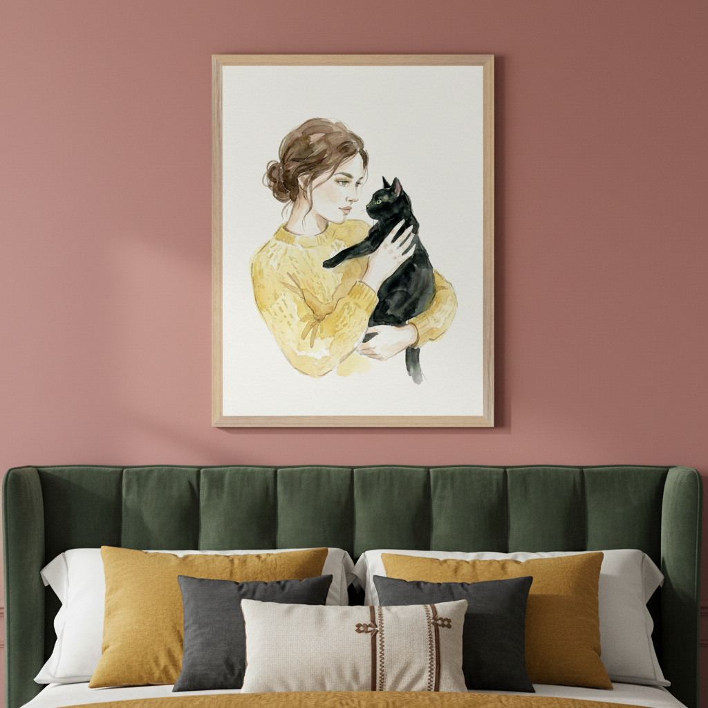Modern bedroom with a dark green upholstered headboard and a bed with yellow, grey, and cream pillows. A framed watercolor painting of a woman in a yellow sweater holding a black cat hangs above the headboard on a pink wall.