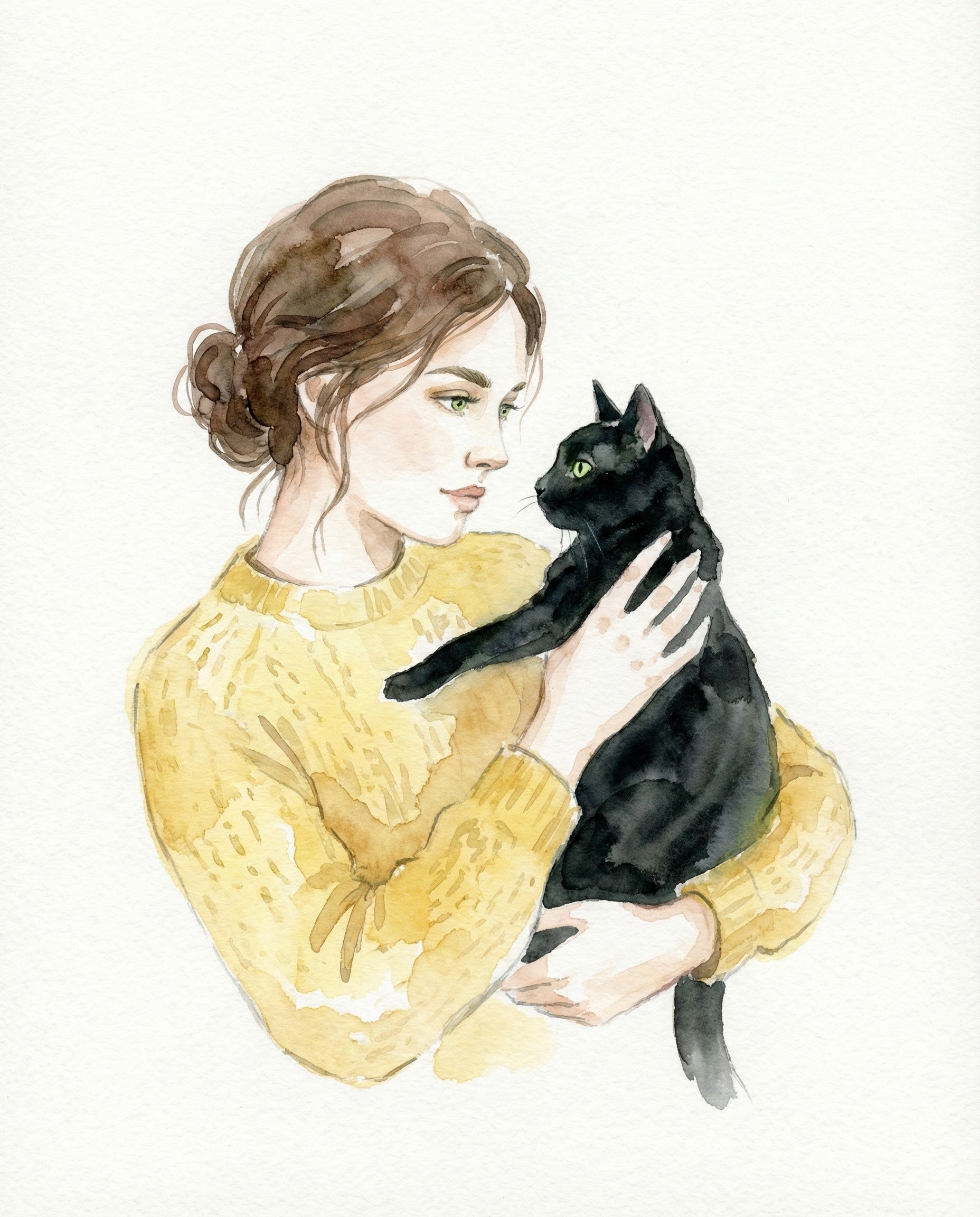 Gentle watercolor portrait of a woman in a yellow sweater gazing lovingly at a black cat in her arms with both sharing a quiet moment of connection on a white background evoking warmth and calm

