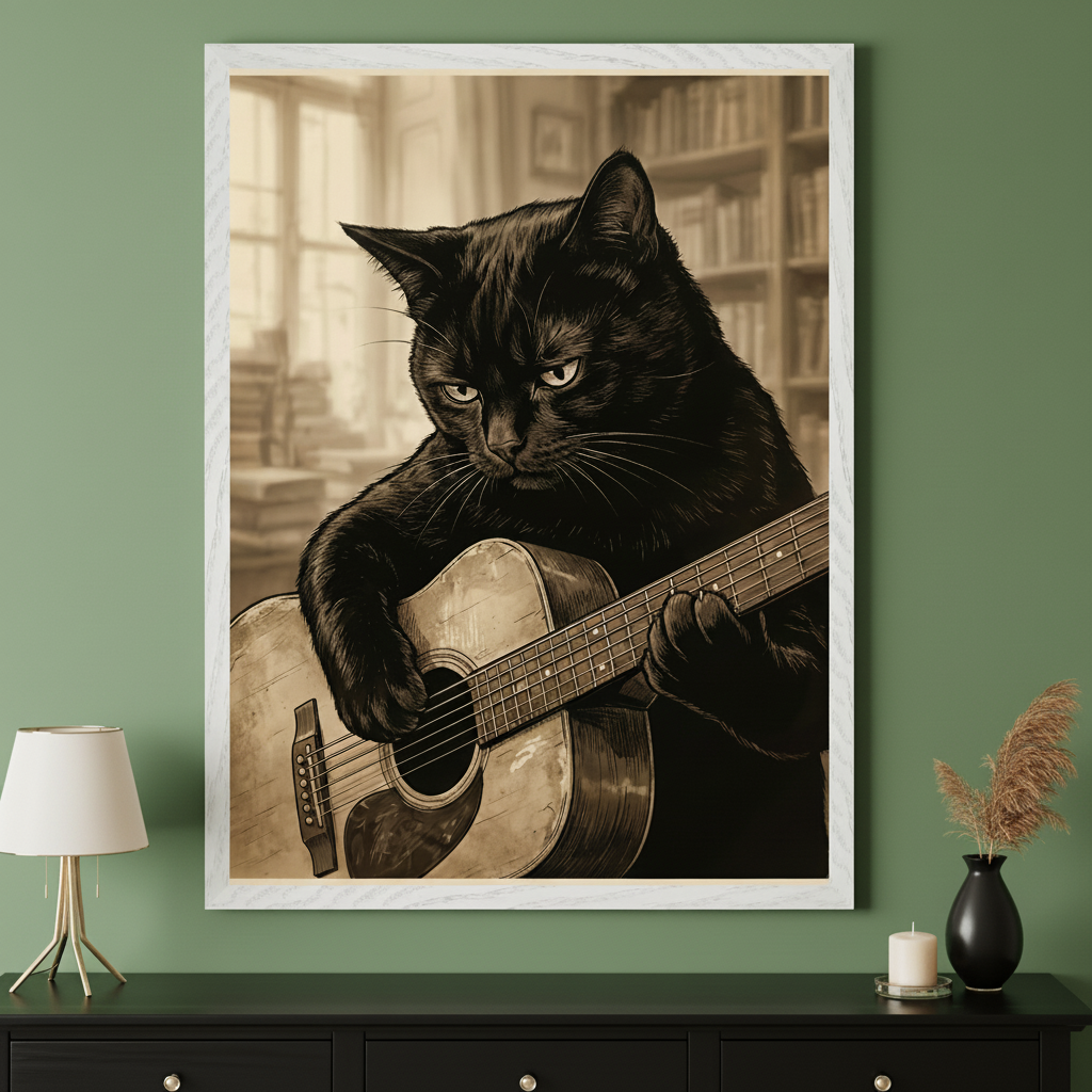 Living room with a black console table. A large, white-framed, sepia-toned illustration of an intense black cat playing an acoustic guitar hangs centered above the console table.