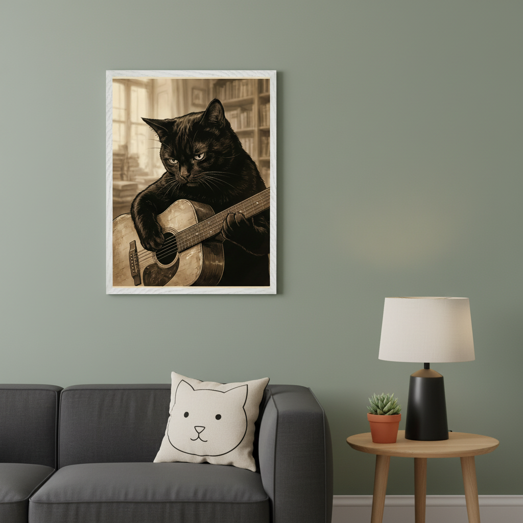 Modern living room with a dark gray sofa. A white-framed sepia-toned illustration of a black cat playing an acoustic guitar hangs on a sage green wall above the left side of the sofa. A white cat-face pillow is on the sofa, and a side table with a lamp and plant is to the right.