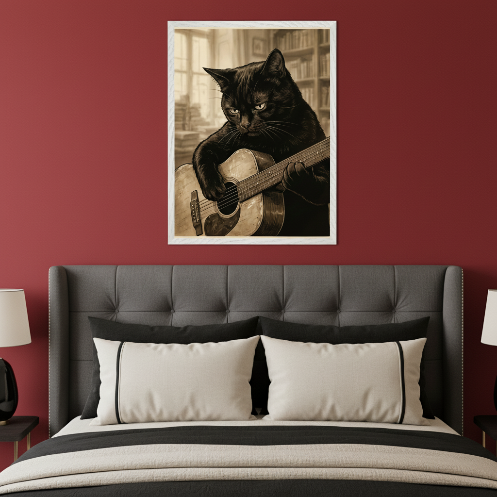 Modern bedroom with red walls and a gray tufted bed with black and beige bedding. A framed sepia-toned print of a grumpy black cat playing an acoustic guitar hangs centered above the bed.