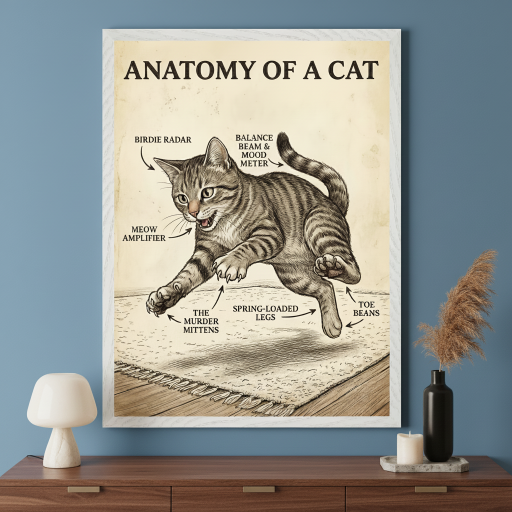 Modern room with a dark wood dresser. A large white-framed "Anatomy of a Cat" poster hangs centrally above the dresser. The vintage-style illustration depicts a tabby cat mid-pounce with humorous labels for its body parts like "murder mittens" and "toe beans."