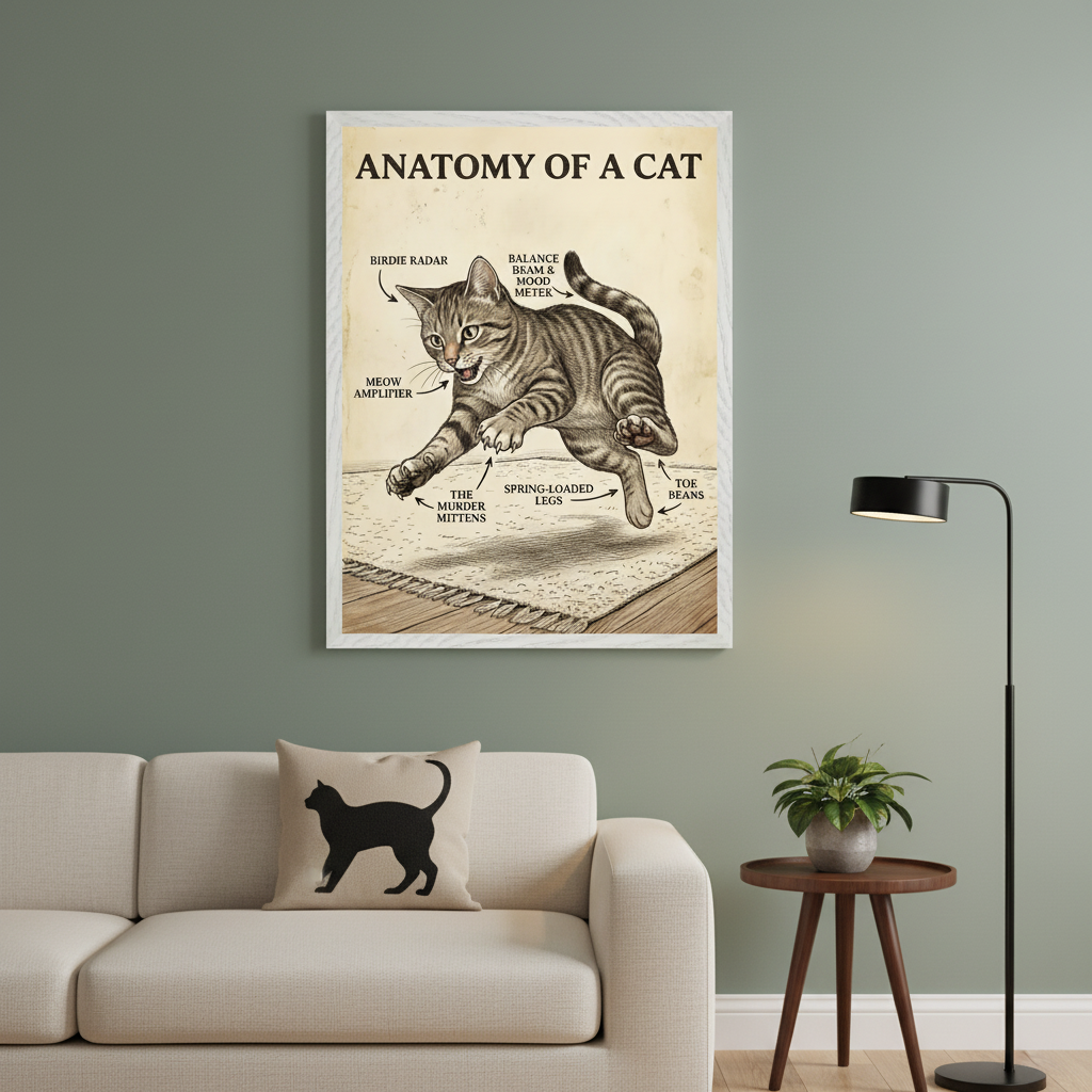 Modern living room with a beige sectional sofa. A large framed "ANATOMY OF A CAT" poster, depicting a running tabby cat with humorous labels in an illustrative style, hangs centered above the sofa. A pillow with a black cat silhouette is on the sofa.