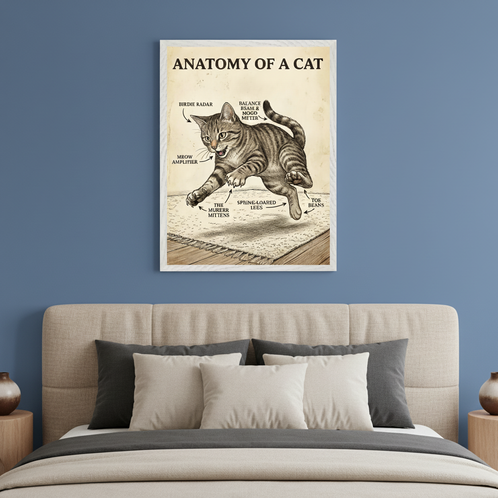 Modern bedroom with a beige upholstered bed. A framed "ANATOMY OF A CAT" poster, depicting a sepia-toned humorous diagram of a jumping cat with playful labels, hangs centered on the blue wall above the bed.